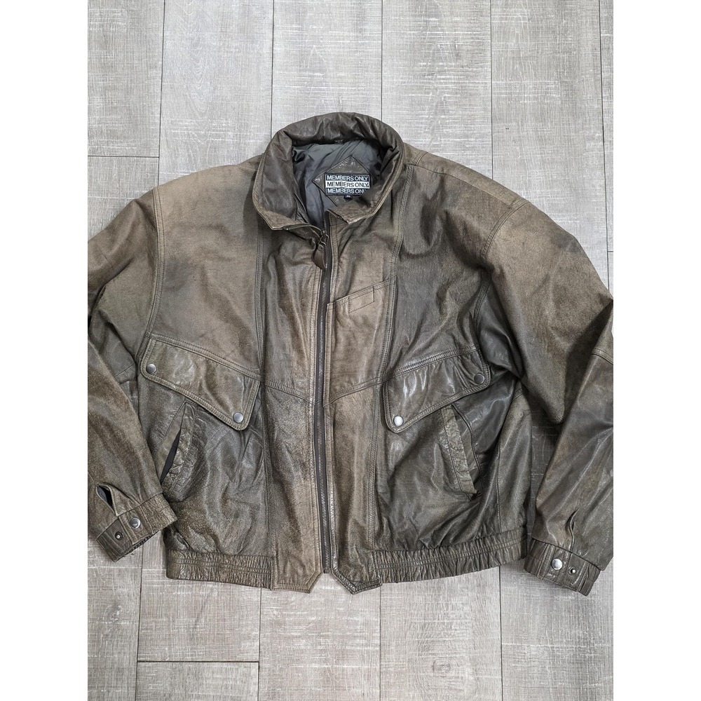 Members Only Leather Jacket Mens 46 Brown Bomber Hooded Full Zip Pockets Lined